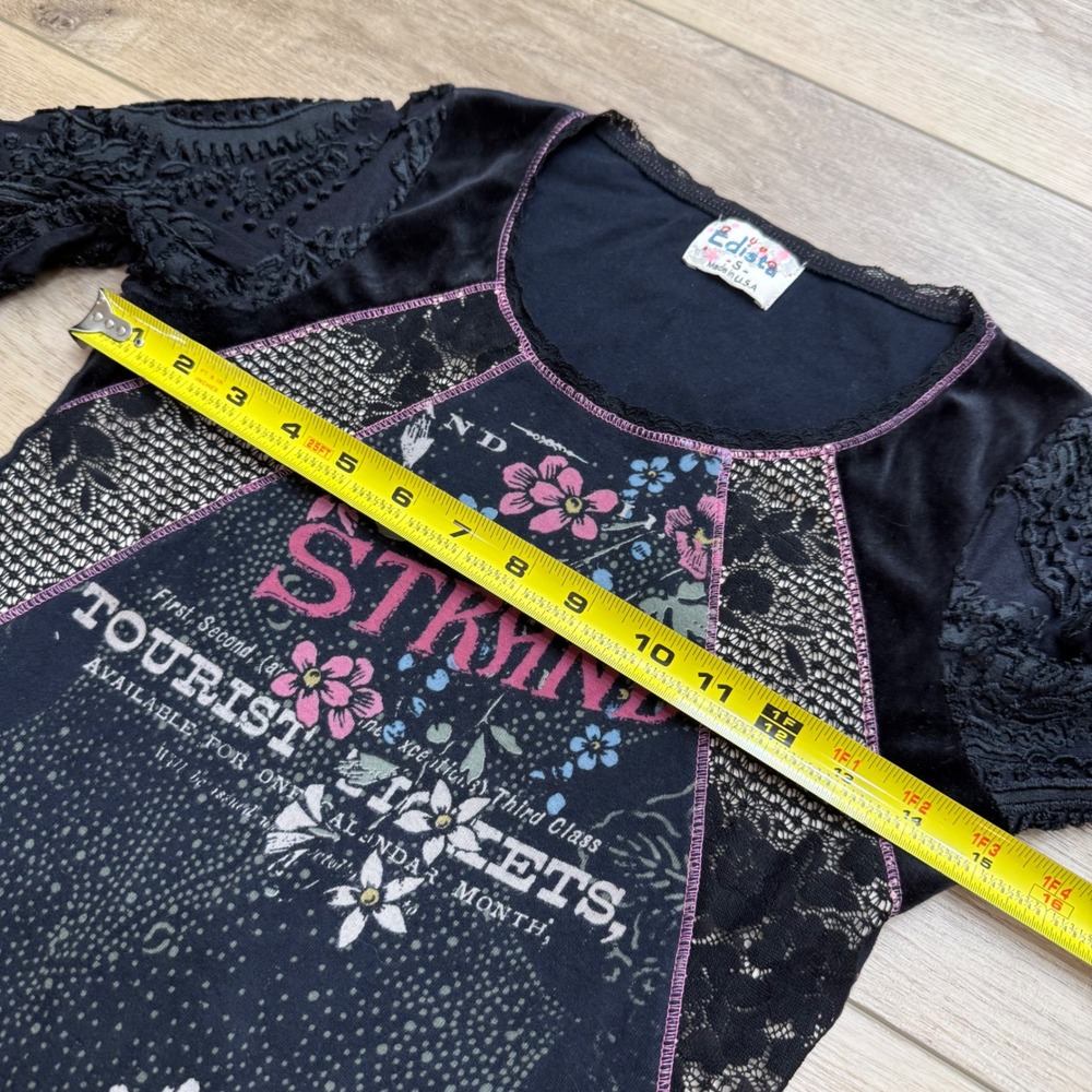 Edista Womens Vintage Y2K Grunge Graphic Top Black Sheer Embroidered Sleeves S - Picture 6 of 8